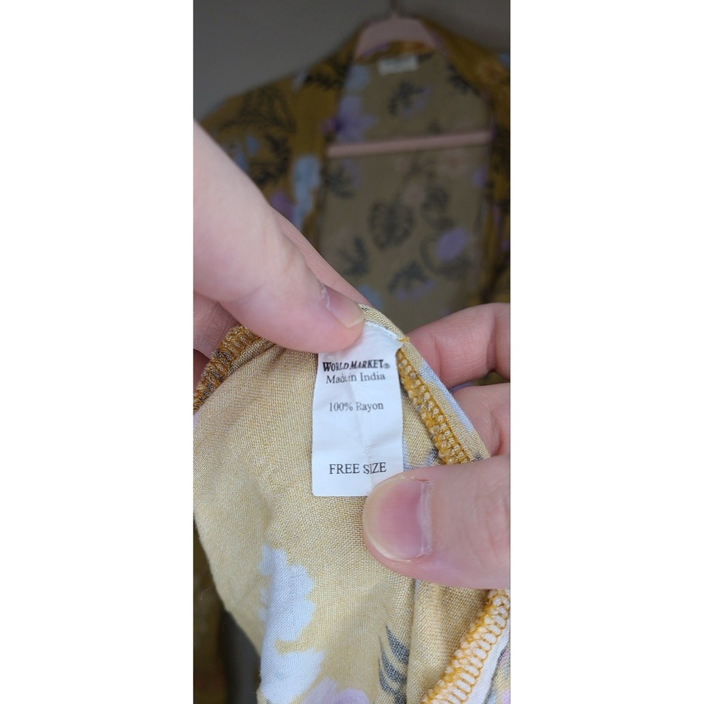 World Market Floral Kimono Wrap Dress Boho‎ Mustard Yellow Belted Resort Boho - Picture 5 of 7